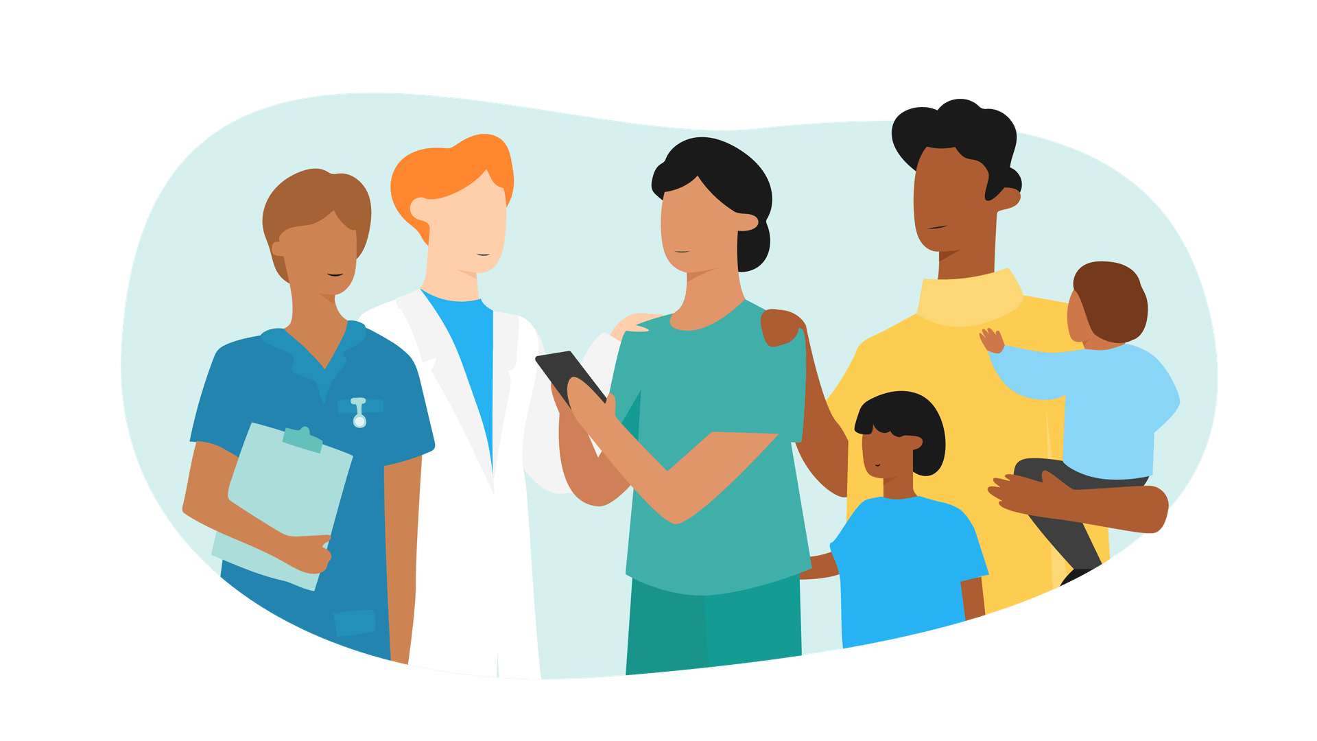 Illustration of healthcare team with the patient and family 